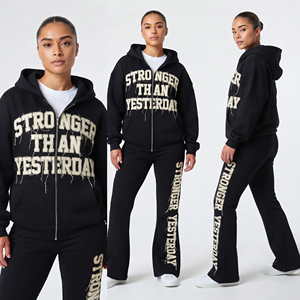 Women Flare Tracksuit Winter Distressed Embroidery Hoodie Flare Sweatpants Set <b>Ladies</b> 100% Cotton Fleece Flare Tracksuits Womens - Product Image 2
