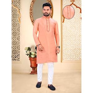 KURTA POUR HOMMES EN SOIE ET COTON BRODÉ DE DESIGNER AVEC PAJAMA ORANGE EN 3XL XXL XL L - Product Image 1