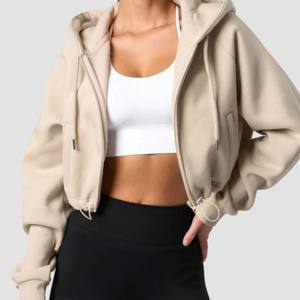 Nouveau design tendance : Sweat à capuche court personnalisé pour femme, épaules tombantes, manches longues et poches – Vente en gros de sweats à capuche zippés pour femme à prix réduit - Product Image 4