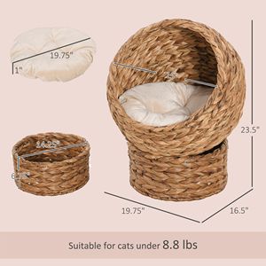 Cuccia rialzata in vimini per gatti con morbido cuscino marrone e forma a uovo per gatti da interno - Product Image 3