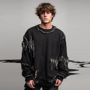 Wholesale Distressed Sweatshirts Men Heavyweight 480 500gsm French Terry Distress Sweat Shirts Printed Tops Men's - Product Image 5