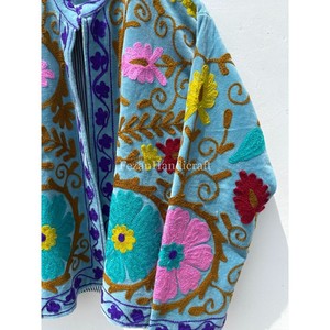 Sky Blue Velvet Suzani <b>Jacket</b> Floral Embroidery <b>Short</b> Unisex <b>Jacket</b> With Inside Cotton Lining Women's Casual Suzani <b>Jacket</b> - Product Image 2