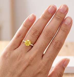 Magnifique bague de fiançailles demi-éternité classique en diamant de laboratoire rond jaune massif certifié IGI, couleur DEF, clarté VS-VVS, 10K, 14K, 18K - Product Image 2