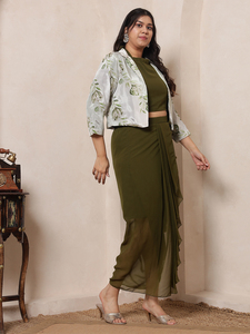 DEEBACO Conjunto coordinado de top corto de georgette bordado y floral hasta el tobillo con falda dhoti y chal para mujer a la moda - Product Image 3