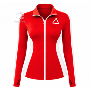 Delta | Sigma | Theta <b>Women's</b> Red Workout Set With <b>White</b> Contrast Side Panels Full Zip Jacket High Waist <b>Leggings</b> Activewear Set - Product Image 2