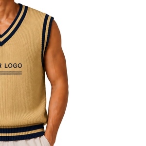 Gilet pull sans manches en tricot pour homme, beige avec rayures contrastées marine, col en V, personnalisable avec logo, en laine et acrylique, vente en gros OEM - Product Image 4