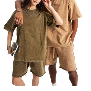 Wholesale Men's Vintage Acid Wash Breathable Heavyweight Cotton Two-Piece T-Shirt and Shorts <b>Set</b> Custom Logo Summer Streetwear - Product Image 4