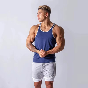 2026 Trendy <b>Men's</b> Blue Sleeveless Tank Top Solid Color Knitted Breathable Casual Fit Workout <b>Vest</b> <b>White</b> Trim O-Neck - Product Image 3