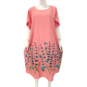 Women Floral Print Cotton Loungewear Dress Knee Length Short Sleeve Round Neck Casual Loose Fit Spring Wear - Product Image 3