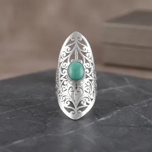 925 Silver Vintage Filigree Ring With Tibetan Turquoise Gemstone Shield Shape Bezel Setting Unisex Everyday Wear Jewelry - Product Image 6