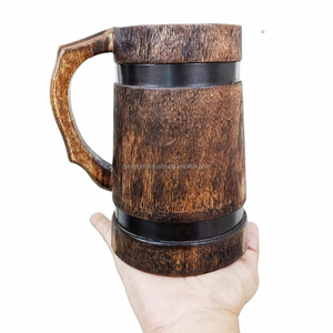 Chope à bière en bois fabriqué à la main avec des bandes métalliques | Tasse à boire rustique de style baril | 20 quantité minimale de commande | Logo personnalisé disponible - Product Image 1