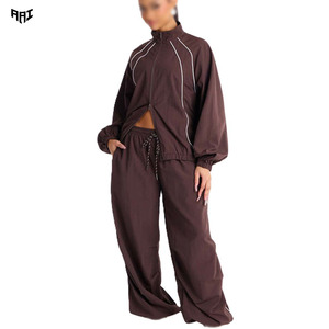 Private Label OEM Contrast Piping Windbreaker Set High Quality Lightweight Nylon <b>Jacket</b> and Wide Leg Jogger Pant USA - Product Image 1