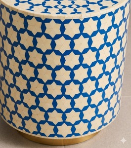 Tabouret géométrique en os incrusté, table d'appoint ronde, ottoman en bois pour salon, chambre, hôtel - Product Image 3