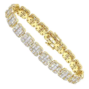 EtherStar Jewels 14 ct Baguette Lab Grown Diamond Tennis Bracelet 18K <b>Solid</b> <b>Gold</b> 12mm Wide Link Fine Jewelry - Product Image 3