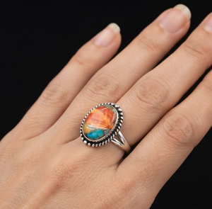 Bague en argent avec turquoise et cuivre, bague statement ovale multicolore en pierres précieuses, bijoux vintage bohème western - Product Image 1