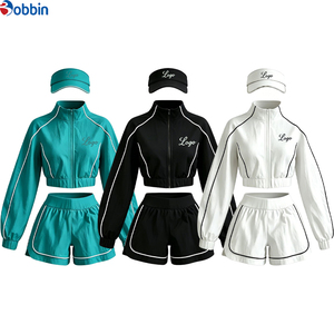 Custom Women's Spring/Summer 3-Piece Set Striped Zipper Sporty-Casual Sun-Protective Top Elastic-Waist Shorts & Sun <b>Hat</b> Outfits - Product Image 3