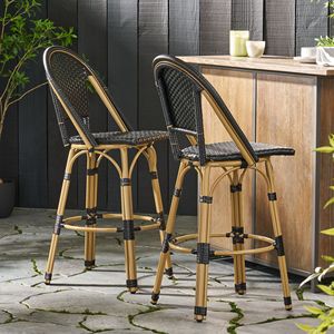 Juego de 2 taburetes de bar franceses de aluminio y ratán PE para exteriores de 29.5 pulgadas, acabado en negro y bambú, taburetes de bar elegantes - Product Image 4