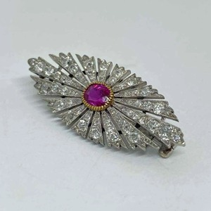 Circa 1890's Art Deco Brooch <b>Cushion</b> & <b>Round</b> Moissanite Stone Retro Brooch Antique Ruby Vintage Inspire Brooch Two Tone Gold - Product Image 3