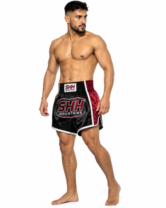 Custom Men's <b>Black</b> Burgundy Muay Thai Boxing Shorts Satin Side Panels White Piping Wide Elastic Waistband Kickboxing Training Fi - Product Image 4