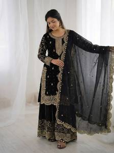 Designer Coding Embroidery And Sequence Work Fandy Silk <b>Top</b> With Plazzo And Dupatta Fully Stitched Ready To Wear Collection - Product Image 2