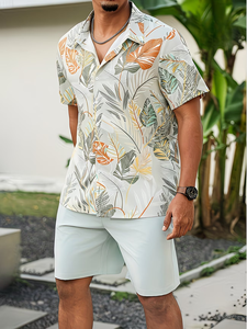 Men's 100% Cotton Satin Quick Dry Short-Sleeve Shirt Drawstring Shorts Set Solid Beach Style Swim Trunks Summer Outfit 180g - Product Image 2