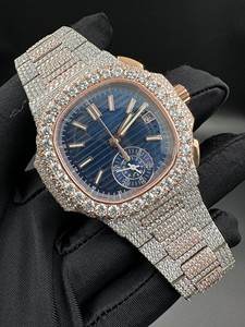 Montre de luxe en acier inoxydable, cadran bleu, incrustée de diamants, mouvement à quartz, affichage de la date, analogique, fermoir déployant, 41 mm, index numériques - Product Image 2