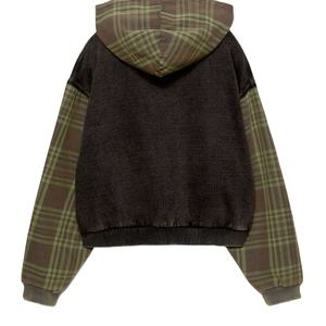 Sweats à capuche oversize pour hommes avec manches à carreaux, sweats en molleton vintage lavés, sweats à capuche personnalisés OEM, streetwear, sweats à capuche à fermeture éclair en gros, États-Unis - Product Image 6