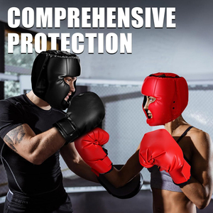 Leather Boxing <b>Head</b> Guard Full Face Protection Helmet with Gloves & Mouthguard Non Slip MMA Muay Thai <b>Training</b> Combo Set OEM - Product Image 3