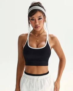 Sujetador deportivo para mujer con ribete en contraste, sin costuras, acanalado, top corto de gimnasio, con corte en T en la espalda y recortes, bralette para entrenamiento y yoga - Product Image 1
