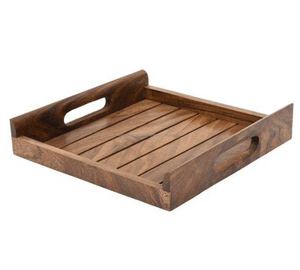 Plateau de service moderne et élégant en bois d'acacia écologique à motif carré pour hôtels de luxe et réceptions, certifié et en stock - Product Image 4