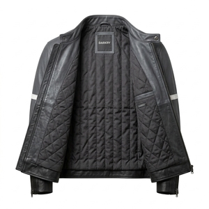 Blouson en cuir noir pour homme avec rayures crème sur la poitrine, col à boutons-pression, style motard, en cuir de vachette véritable, vente en gros, exportateur d'usine - Product Image 5
