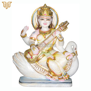Estatua de Saraswati de mármol blanco con cisne |   Ídolo de Saraswati en Mármol y Murti de la Diosa Saraswati para Templo Doméstico por MALIYAS Jaipur - Product Image 2