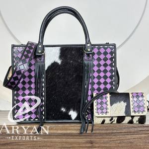 Bolso Tote de Cuero a Cuadros de Gran Capacidad y Cartera de Mano de Cuero Repujado a Mano, Conjunto de 2 Piezas a Juego, Colección March Expo - Product Image 1