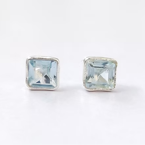 Blue Topaz Stud <b>Earrings</b> (925 Sterling Silver Square Shape) Minimalist Lightweight Comfortable All Day Wear - Product Image 2