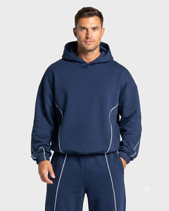 OEM Custom Men's Dark Blue <b>Oversized</b> Contrastline Tracksuit Set Premium Quality Cotton Fleece Hoodie & Wide Leg <b>Sweatpants</b> - Product Image 4