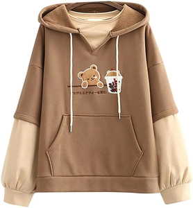 <b>Cute</b> Bear Milk Tea Printed Hooded <b>Sweatshirt</b> Regular Sleeve Oversized Casual Knitted Unisex Plus Size Pocket Winter Wear - Product Image 1