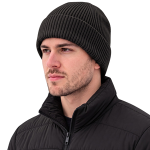 Men's Black Ribbed Knit Beanie Hat Solid Color Warm <b>Winter</b> <b>Cap</b> Casual Outdoor Wear 56-58CM Acrylic Material Hand Knitted Style - Product Image 1