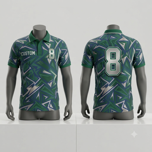 Polo personnalisé à motif géométrique vert, bleu et blanc pour homme – Tenue de sport respirante sublimée, uniforme d'équipe, décontracté, vente en gros - Product Image 1
