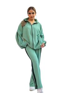 ชุดวอร์มผู้หญิงแบบใหม่ 2 ชิ้น เสื้อแขนยาวมีซิป ลายทาง กางเกงขายาวทรงหลวม ผ้าตาข่ายรัดเอว - Product Image 3