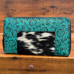 Nouveau 2025 Designer de luxe de haute qualité en cuir de vachette véritable fermeture éclair portefeuille pour femmes Turquoise en relief Floral pochette en cuir - Product Image 4