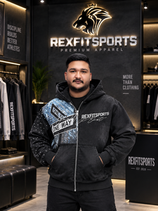REXFITSPORTS 2026 Sweat-shirt à capuche entièrement zippé noir personnalisé, veste streetwear graphique, molleton de coton premium, vente en gros - Product Image 5