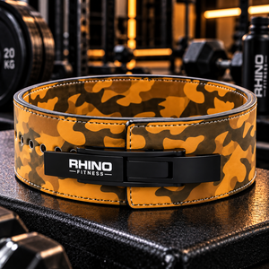 Cinturón de Soporte Lumbar Ajustable Rhino Fitness, Diseño Camuflaje Naranja, Envoltura de Cuero, con Protección Básica para Levantamiento de Pesas - Product Image 1