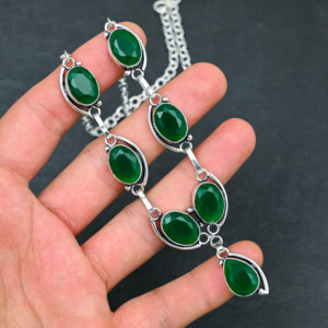 Customized Handmade Green Onyx Lab Created Pear Freshwater Pearl Sterling Silver Luxury Women's Necklace for Wedding Gift - Product Image 3