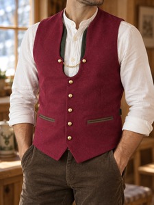Gilet formel en laine pour homme, col en V, vert olive uni, court, respirant, simple boutonnage avec boutons, pour l'automne - Product Image 4