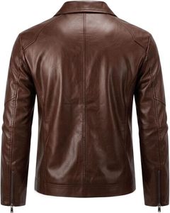 Veste en cuir PU marron pour homme, style motard, col rabattu, fermeture éclair, poches latérales zippées, coupe ajustée, pour l'automne - Product Image 5