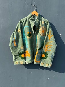 Handcrafted Sage Green Embroidered Velvet Bomber Jacket with Intricate Floral Motifs Premium Ultra Soft Velvet Fabric Jacket - Product Image 1
