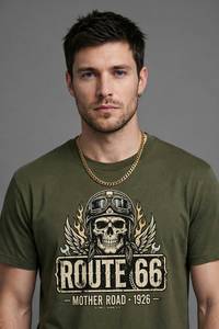 เสื้อยืดลายกราฟิกวินเทจ Route 66 ลายหัวกะโหลกสำหรับนักขี่มอเตอร์ไซค์ พิมพ์ลายสกรีน ระบายอากาศได้ดี ผ้าฝ้าย 100% สีเขียวมะกอก สำหรับผู้ชาย สไตล์เรโทร - Product Image 2