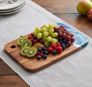 Tabla de Cortar de Madera de Lujo con Resina Epoxi Azul, Diseño de Olas del Océano, Rectangular, Multifuncional - Product Image 2