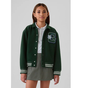 Chaqueta Varsity Verde de Lona con Letra Bordada, Cuello Camisero, Estilo Preppy, Unisex, Ropa de Invierno, Impermeable y Transpirable - Product Image 2