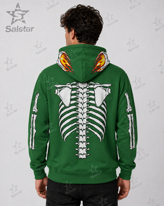 Green Gothic Hoodie Men <b>Skeleton</b> Print Zippered Hooded Sweatshirt Regular Fit Autumn Style Skull Design <b>Full</b> Sleeve - Product Image 4